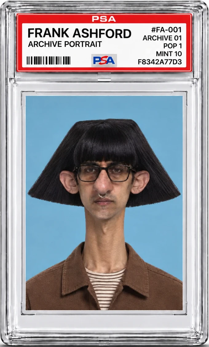 A clear graded slab holding a portrait card of Frank Ashford: wide black bowl haircut, glasses, brown jacket, blue background. Label reads Frank Ashford, Archive Portrait, Mint 10